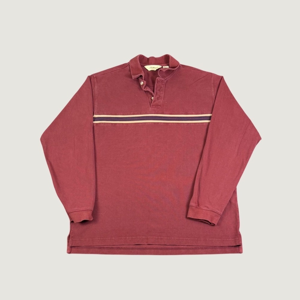 Eddie Bauer Mens XL Burgundy Long Sleeve Pique Polo Shirt Chest Stripe Cotton